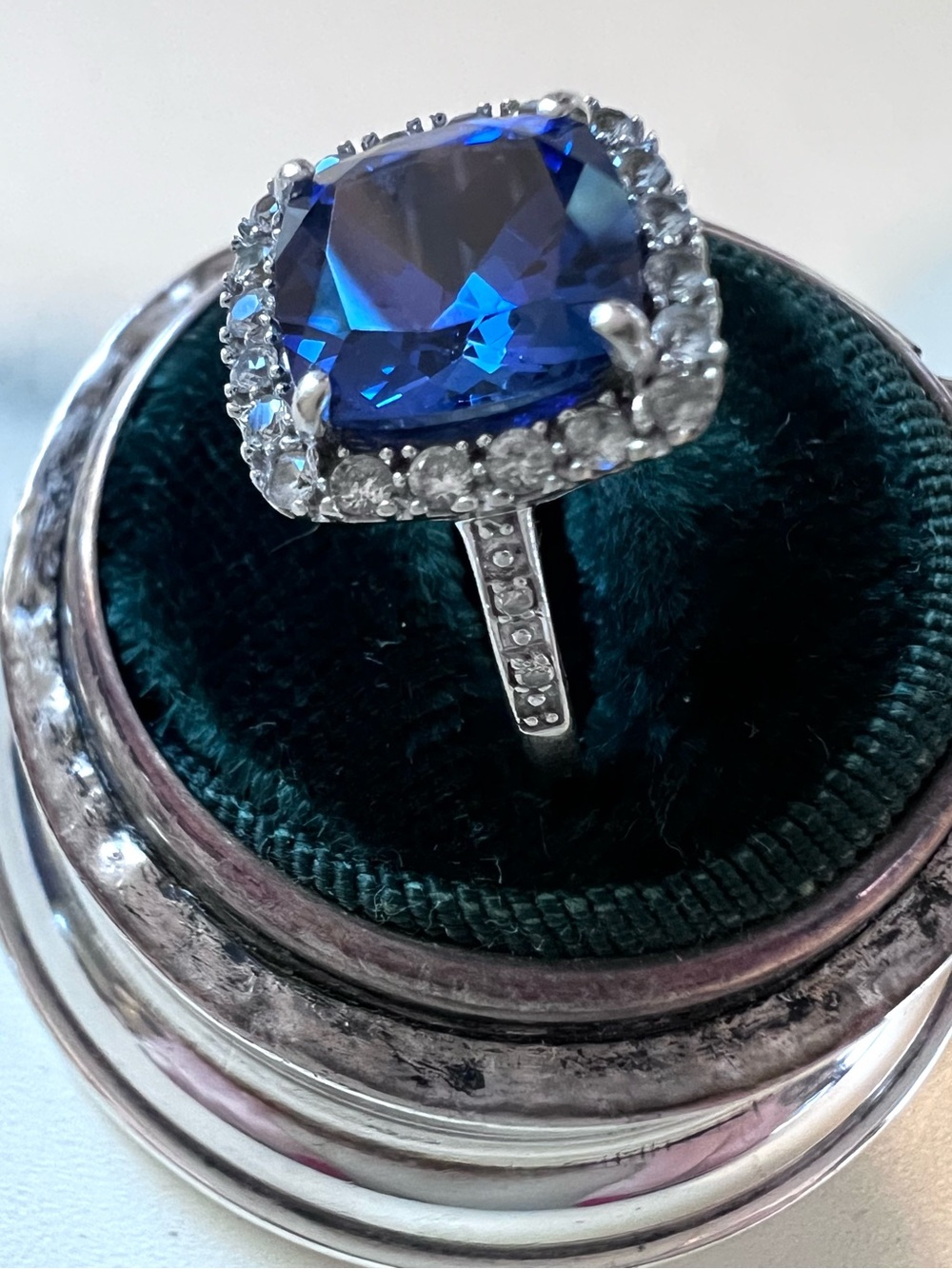 Dreamy 10K White Gold Cushion Cut Blue Created Sapphire Cocktail Ring